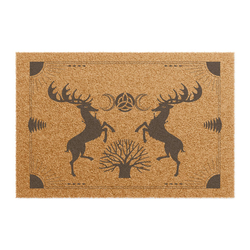 Rectangular coir doormat with two standing stags, triple moon symbol, and tree of life design in black on natural tan background.